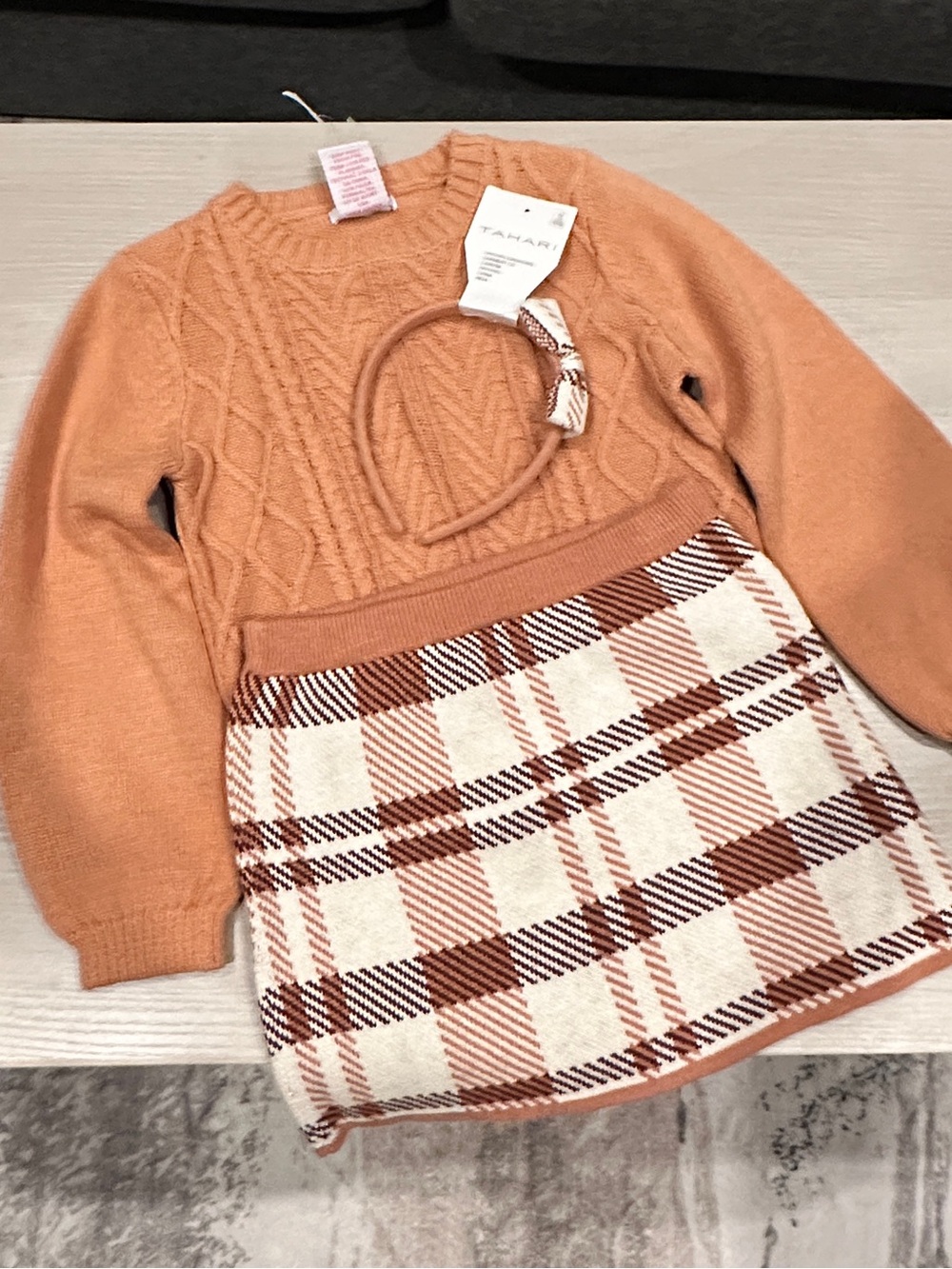 NWT Tahari Girls Fall Sweater in Tan with Cream & Brown Plaid skirt matching set